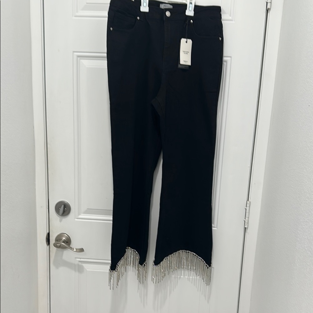 Forever 21 Black Flare Wide Leg with Rhinestone Fringe High-rise Jeans - Picture 2 of 9